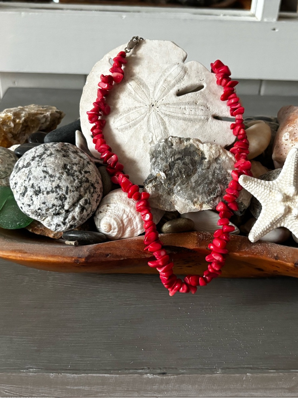 Vintage Red Coral Chip Bead Strand Necklace Statement Boho Coastal